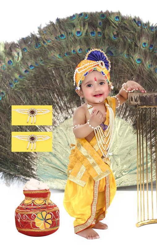 Baby Krishna Brocade Fabric Janmashtami Mythological Character Costume - Dress-Pagri-Mala