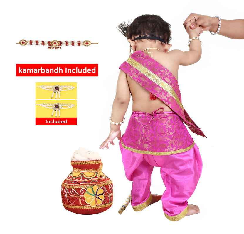 Baby Krishna Dress for Janmashtami with Krishna Mukut, Peacock Feather & Flute - FULL-PINK