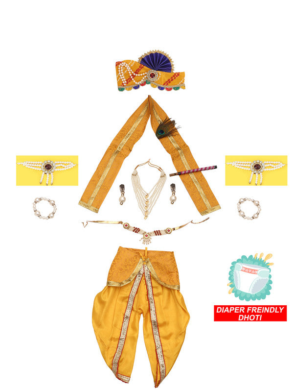 Baby Krishna Brocade Fabric Janmashtami Mythological Character Costume - Dress-Pagri-Mala