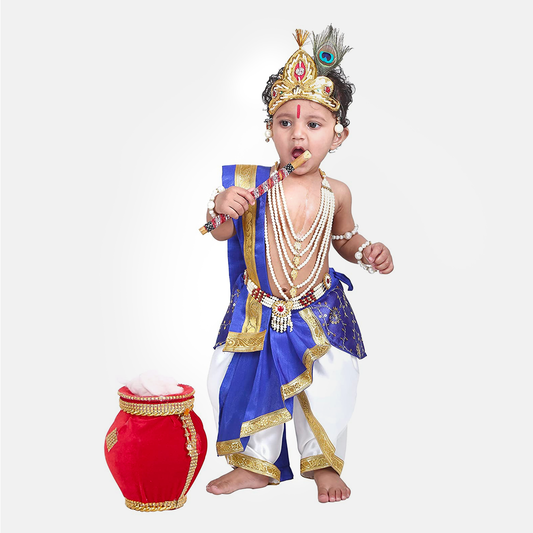 Janmashtmi Dress with Diaper-friendly Dhoti & Dupatta, Mor Pankh Mukut, 5-Layer Mala, Baju Bandh & Bansuri - White and Blue