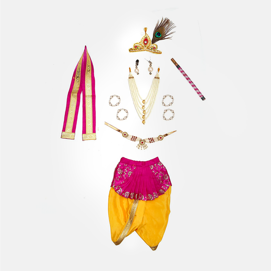 Janmashtmi Dress with Diaper-friendly Dhoti & Dupatta, Mor Pankh Mukut, 5-Layer Mala, Baju Bandh & Bansuri - Yellow and Magenta