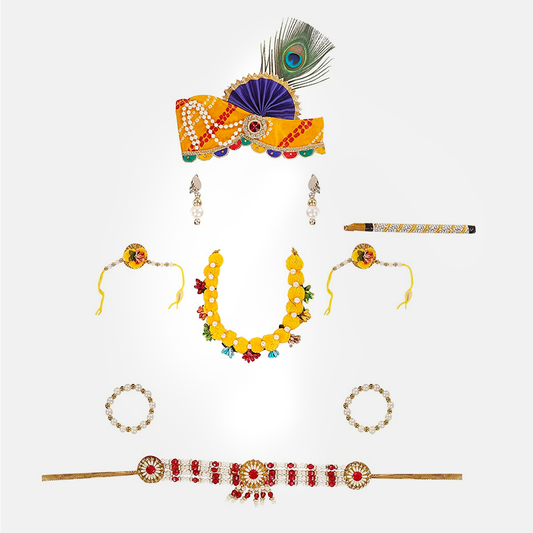 Janmashtmi Dress with Diaper-friendly Dhoti & Dupatta, Mor Pankh Mukut, 5-Layer Mala, Baju Bandh & Bansuri - Jewel-Flower-Pagri