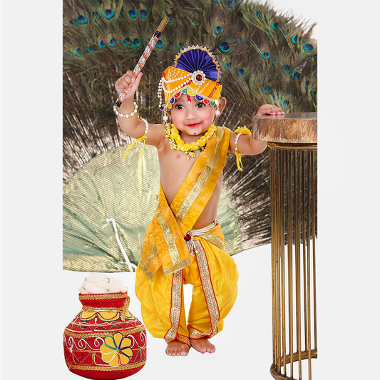 Janmashtmi Dress with Diaper-friendly Dhoti & Dupatta, Mor Pankh Mukut, 5-Layer Mala, Baju Bandh & Bansuri - Dress-Pagri-Flower