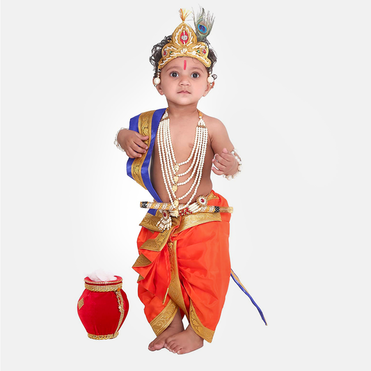 Janmashtmi Dress with Diaper-friendly Dhoti & Dupatta, Mor Pankh Mukut, 5-Layer Mala, Baju Bandh & Bansuri - Orange and Blue