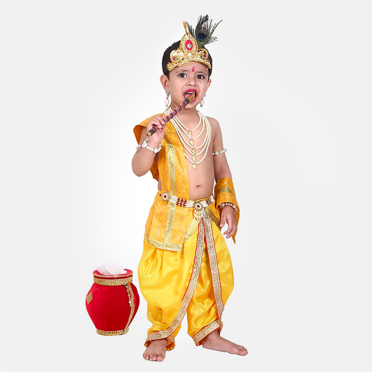 Janmashtmi Dress with Diaper-friendly Dhoti & Dupatta, Mor Pankh Mukut, 5-Layer Mala, Baju Bandh & Bansuri - Yellow and Yellow