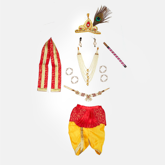 Janmashtmi Dress with Diaper-friendly Dhoti & Dupatta, Mor Pankh Mukut, 5-Layer Mala, Baju Bandh & Bansuri - Yellow and Red