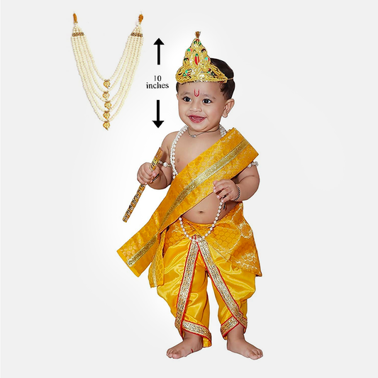 Janmashtmi Dress with Diaper-friendly Dhoti & Dupatta, Mor Pankh Mukut, 5-Layer Mala, Baju Bandh & Bansuri - Yellow