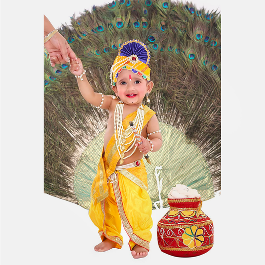 Janmashtmi Dress with Diaper-friendly Dhoti & Dupatta, Mor Pankh Mukut, 5-Layer Mala, Baju Bandh & Bansuri - Dress-Pagri-Mala