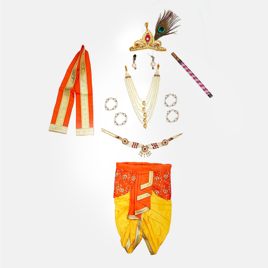 Janmashtmi Dress with Diaper-friendly Dhoti & Dupatta, Mor Pankh Mukut, 5-Layer Mala, Baju Bandh & Bansuri - Yellow and Orange