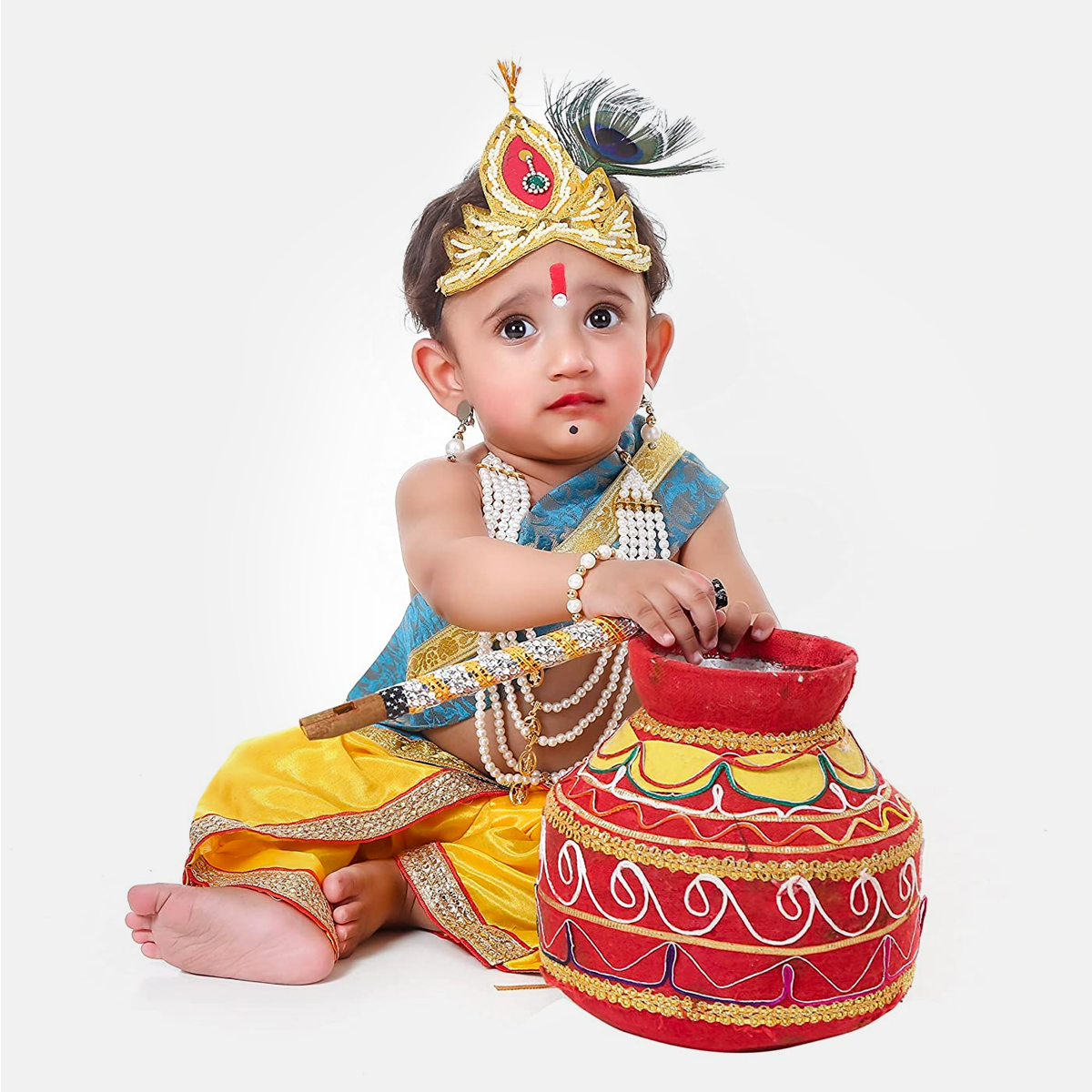 Baby Krishna Dress for Janmashtami with Krishna Mukut, Peacock Feather & Flute - Yellow-Ferozi