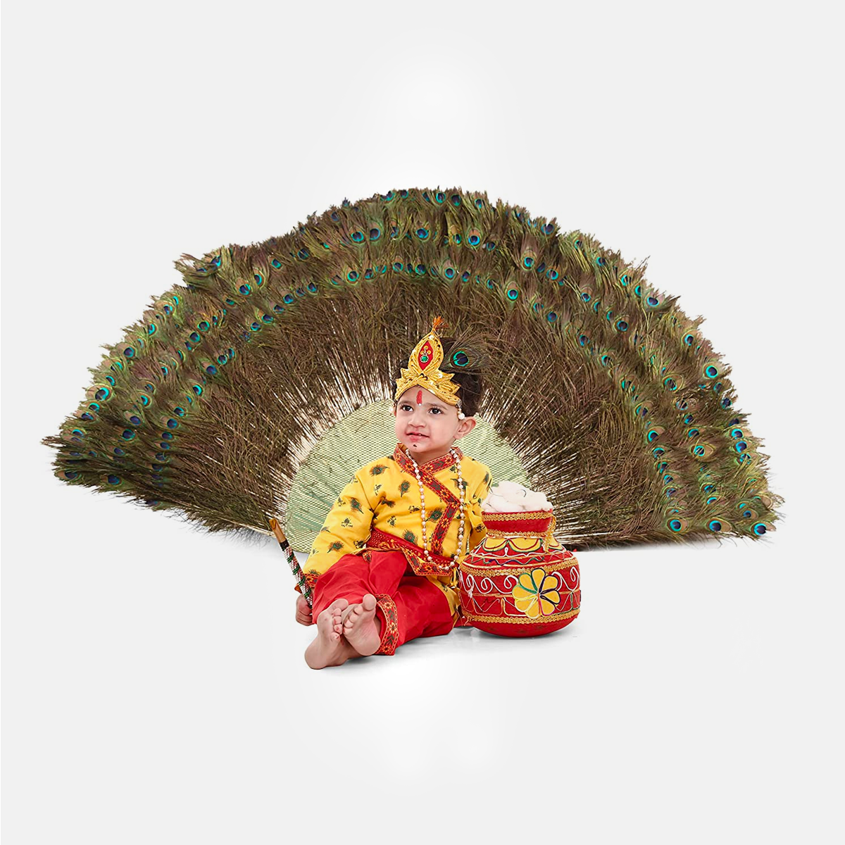 Radha and Krishna Brocade Fabric Janmashtami Mythological Character Costume - Feather-Print