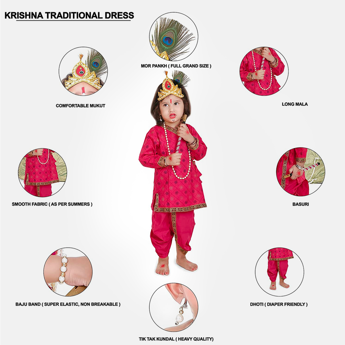 Radha and Krishna Brocade Fabric Janmashtami Mythological Character Costume - Printex-Magenta