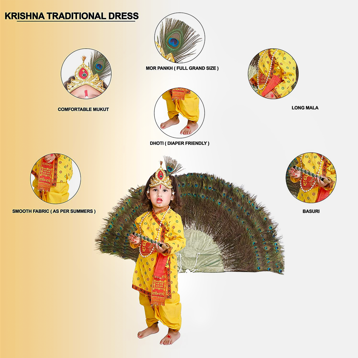 Radha and Krishna Brocade Fabric Janmashtami Mythological Character Costume - Printex-Yellow