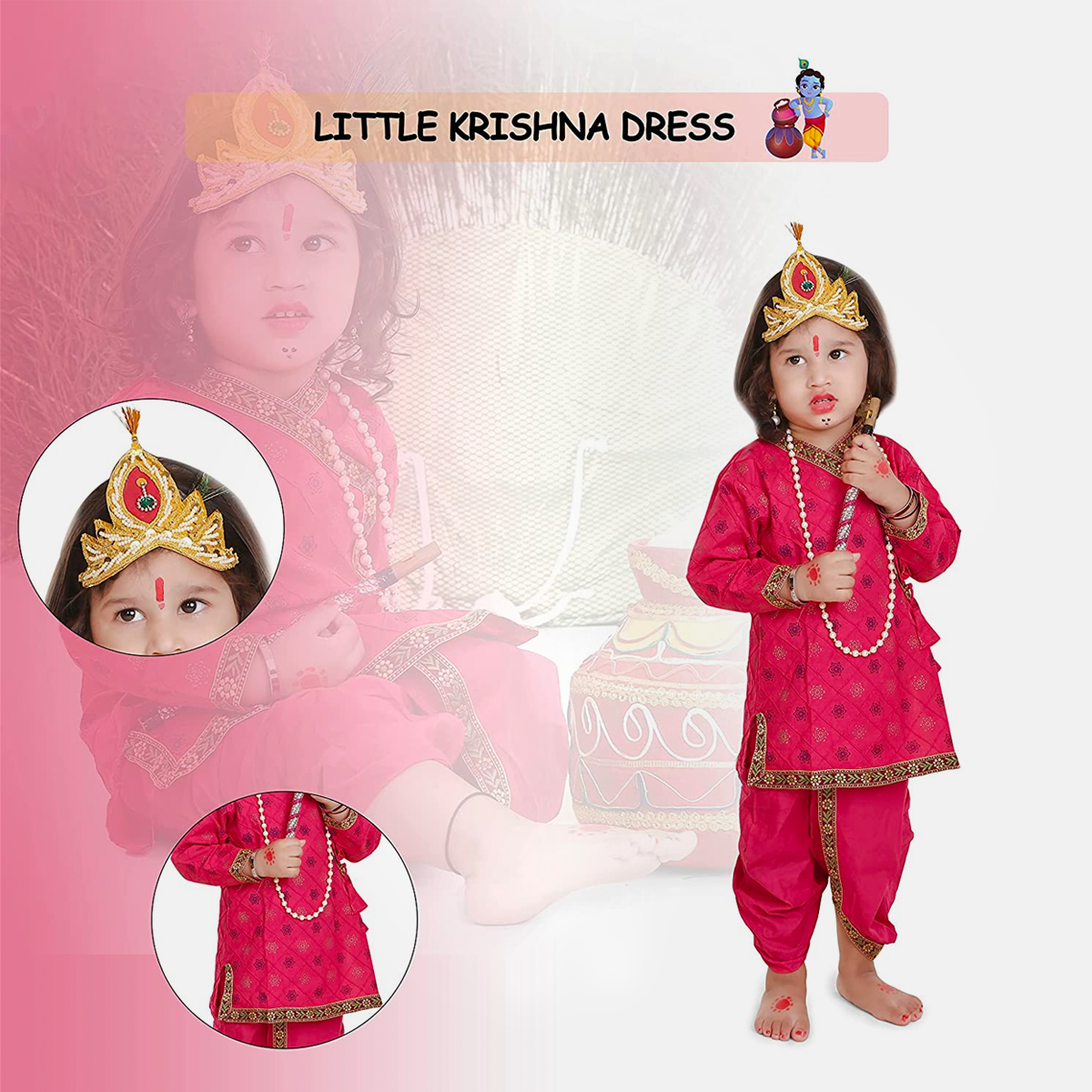 Radha and Krishna Brocade Fabric Janmashtami Mythological Character Costume - Printex-Magenta