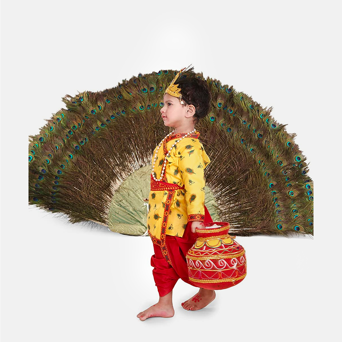 Radha and Krishna Brocade Fabric Janmashtami Mythological Character Costume - Feather-Print