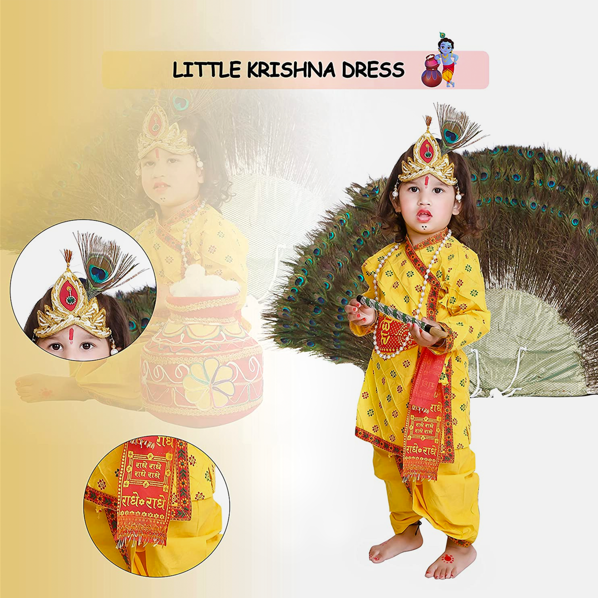 Radha and Krishna Brocade Fabric Janmashtami Mythological Character Costume - Printex-Yellow