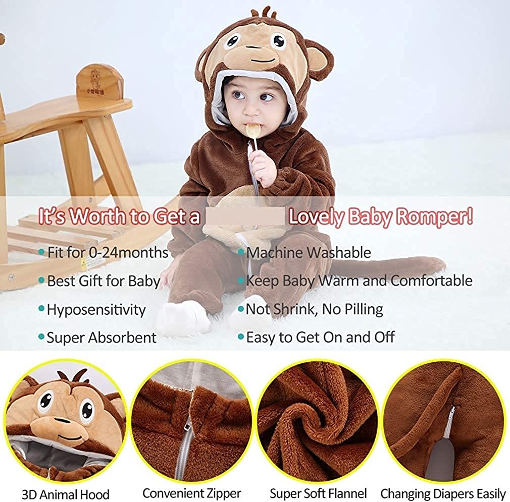 Animal Costume Toddler Winter Autumn Flannel Hooded Romper Cosplay Outfits & Jumpsuit For Unisex Baby & Kids - Monkey