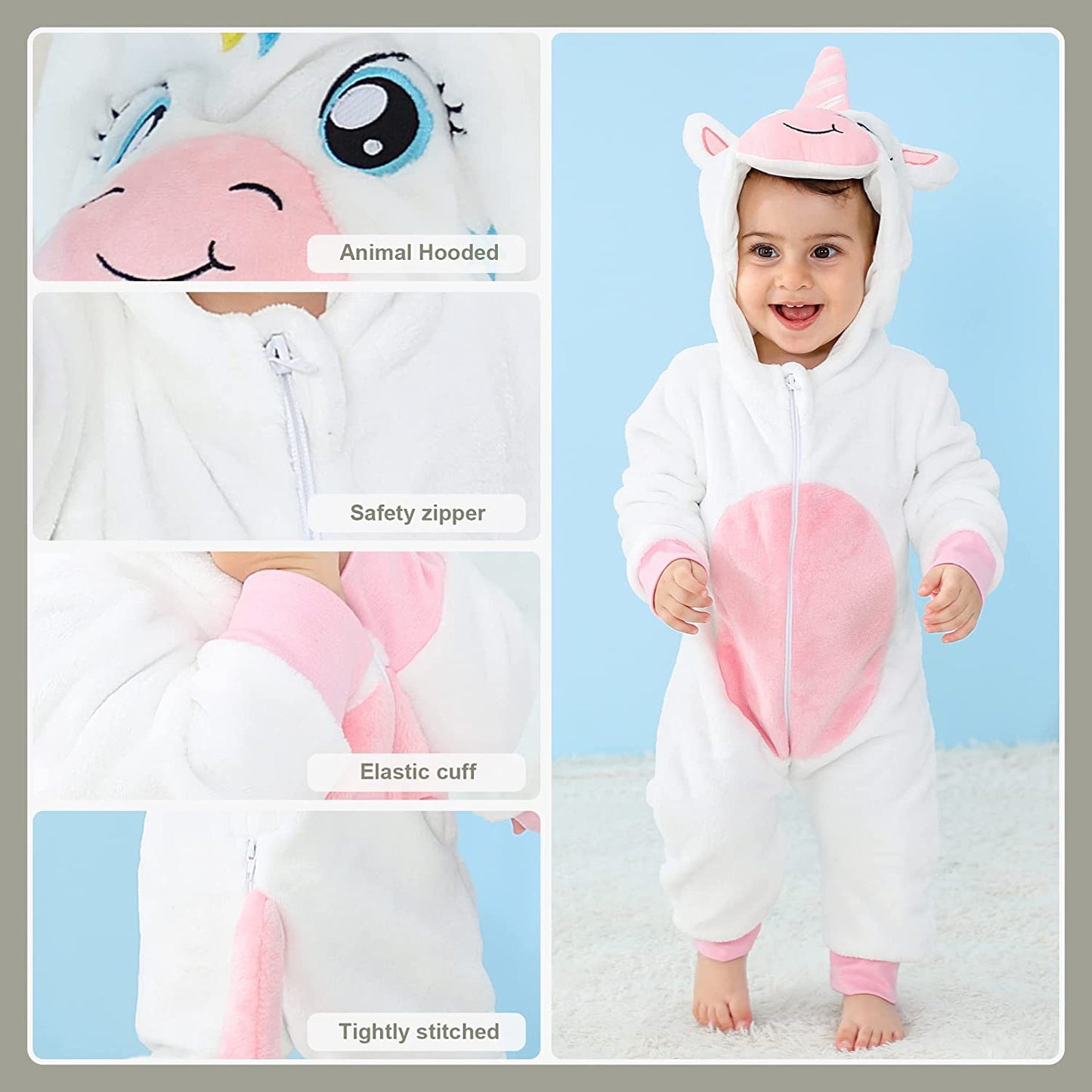 Animal Costume Toddler Winter Autumn Flannel Hooded Romper Cosplay Outfits & Jumpsuit For Unisex Baby & Kids - White Unicorn